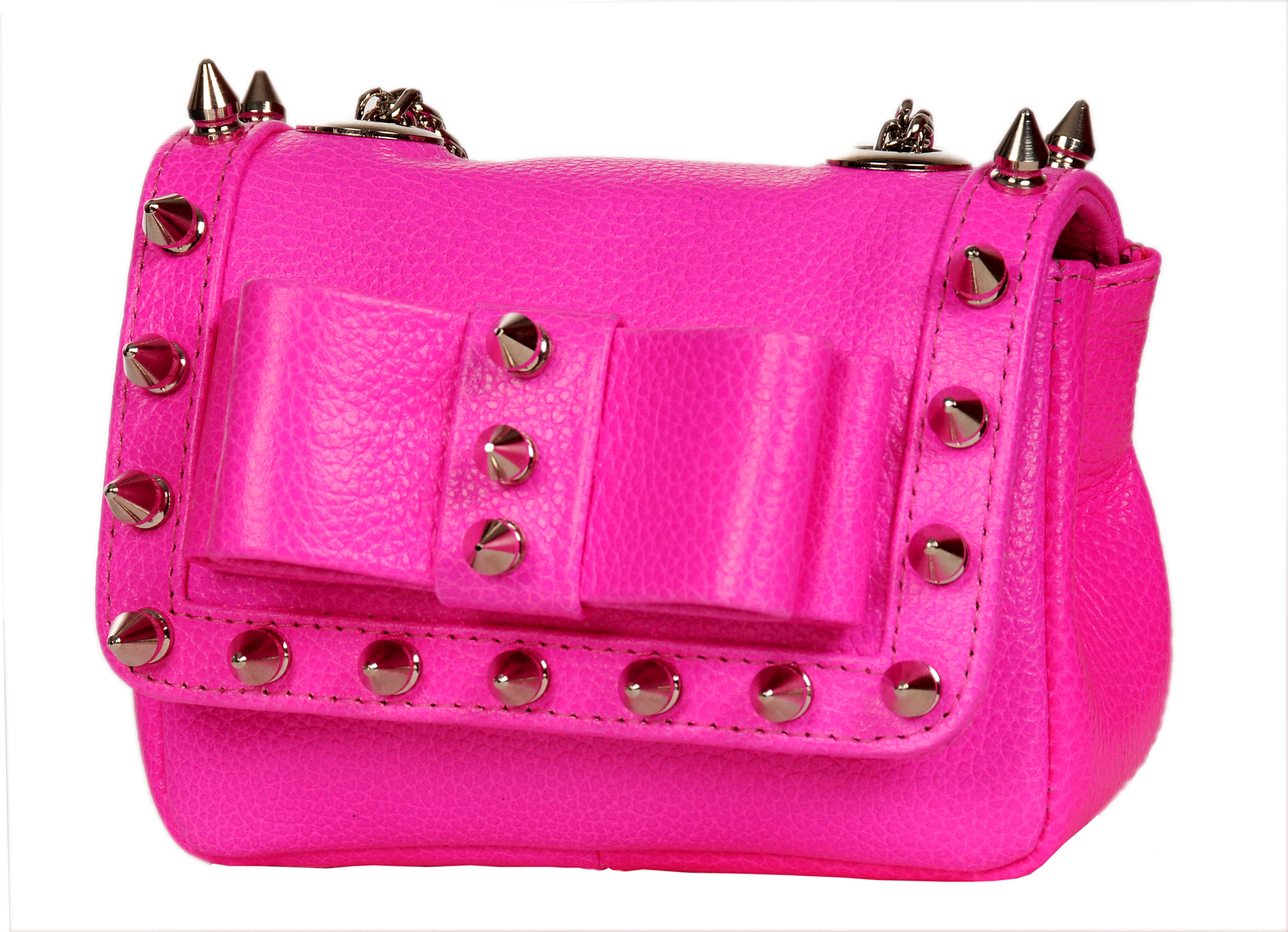 Aila_SB002_Mini Spiked Cross Bow Bag_Neon Pink_$338