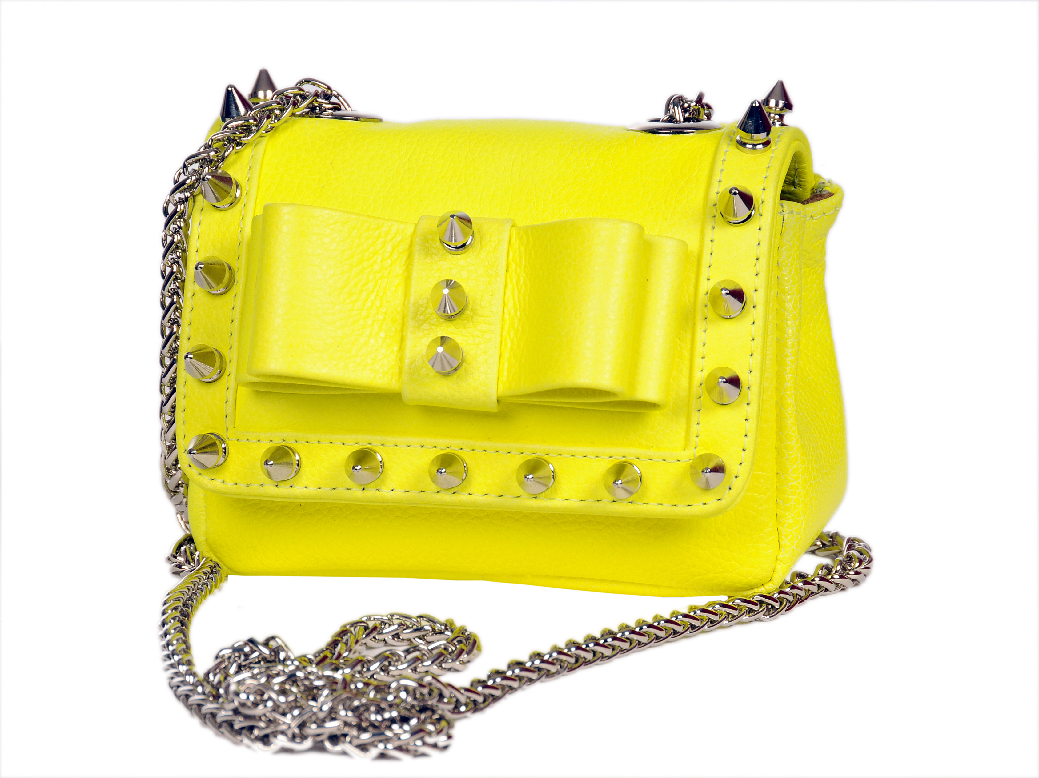 Aila_SB002_Mini Spiked Cross Bow Bag_Neon Yellow_$338